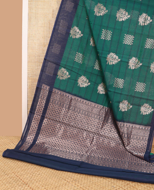Green striped, floral design silk cotton saree with contrast geometric design border & floral jaal design pallu
