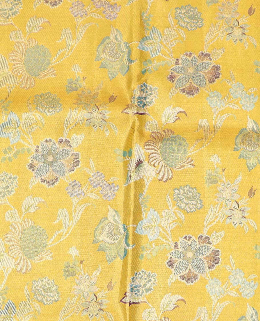 Yellow floral buttas pure silk half saree with contrast zari border,  contrast zari design blouse & plain with zari border dhavani
