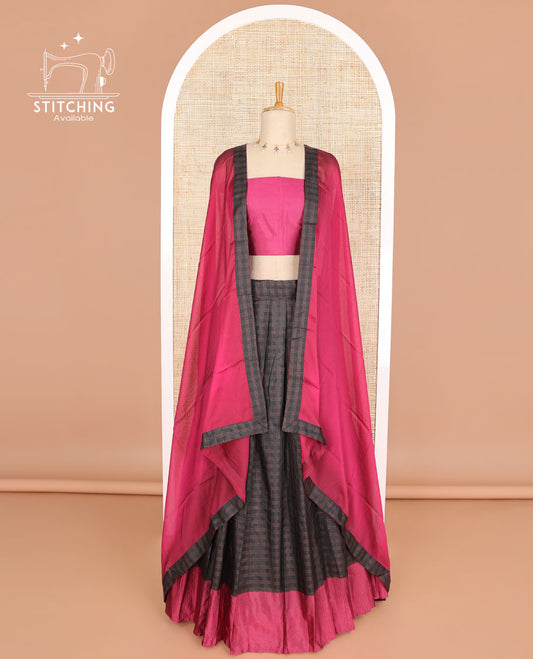 Black checked poly-cotton half saree with contrast border, plain blouse & red plain, checked border dhavani