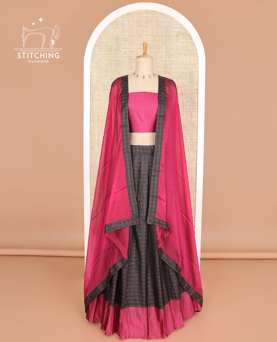 Black checked poly-cotton half saree with contrast border, plain blouse & red plain, checked border dhavani