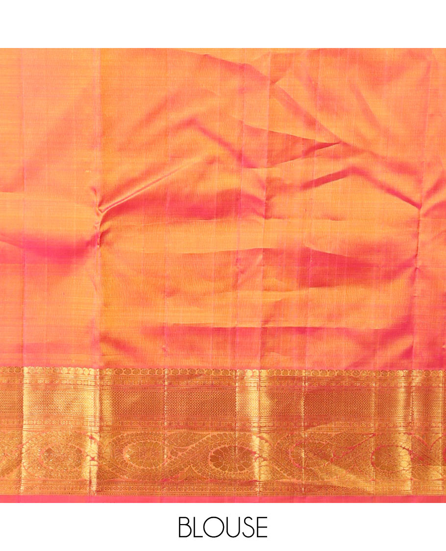 Orange buttas kancheepuram silk saree with contrast paisley, muthu, paun, kathir, poo chakram design & zari design pallu