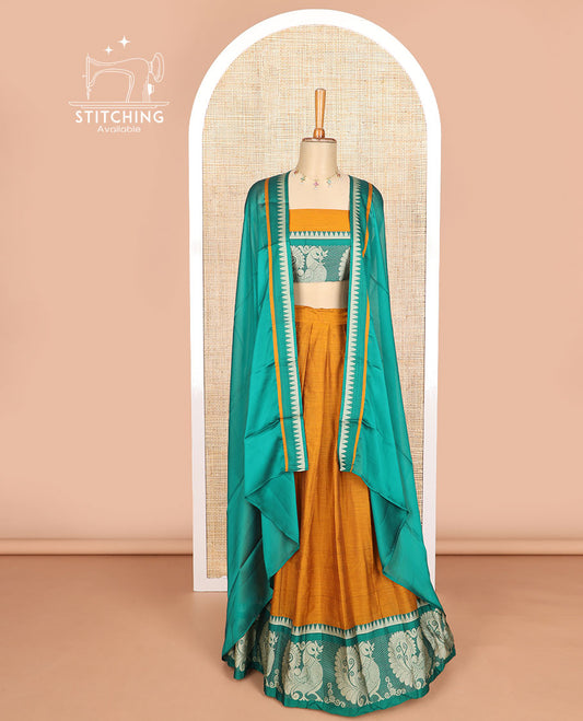 Mustard cotton half saree with contrast peacock design border, zari design blouse & plain , zari design border dhavani