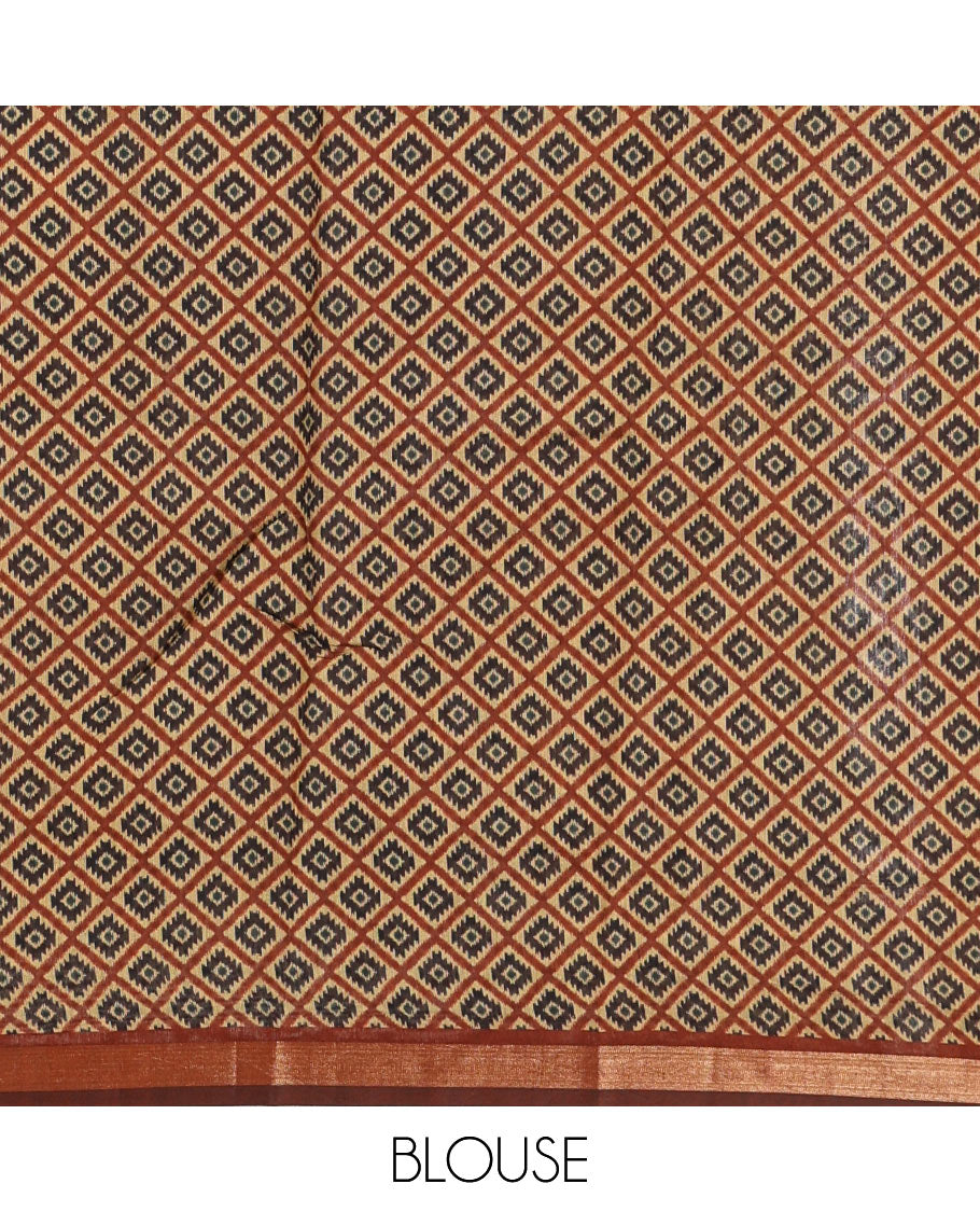 Brown argyle Ajrakh-style printed Muslin cotton saree, zari border, geometric printed pallu & argyle printed blouse