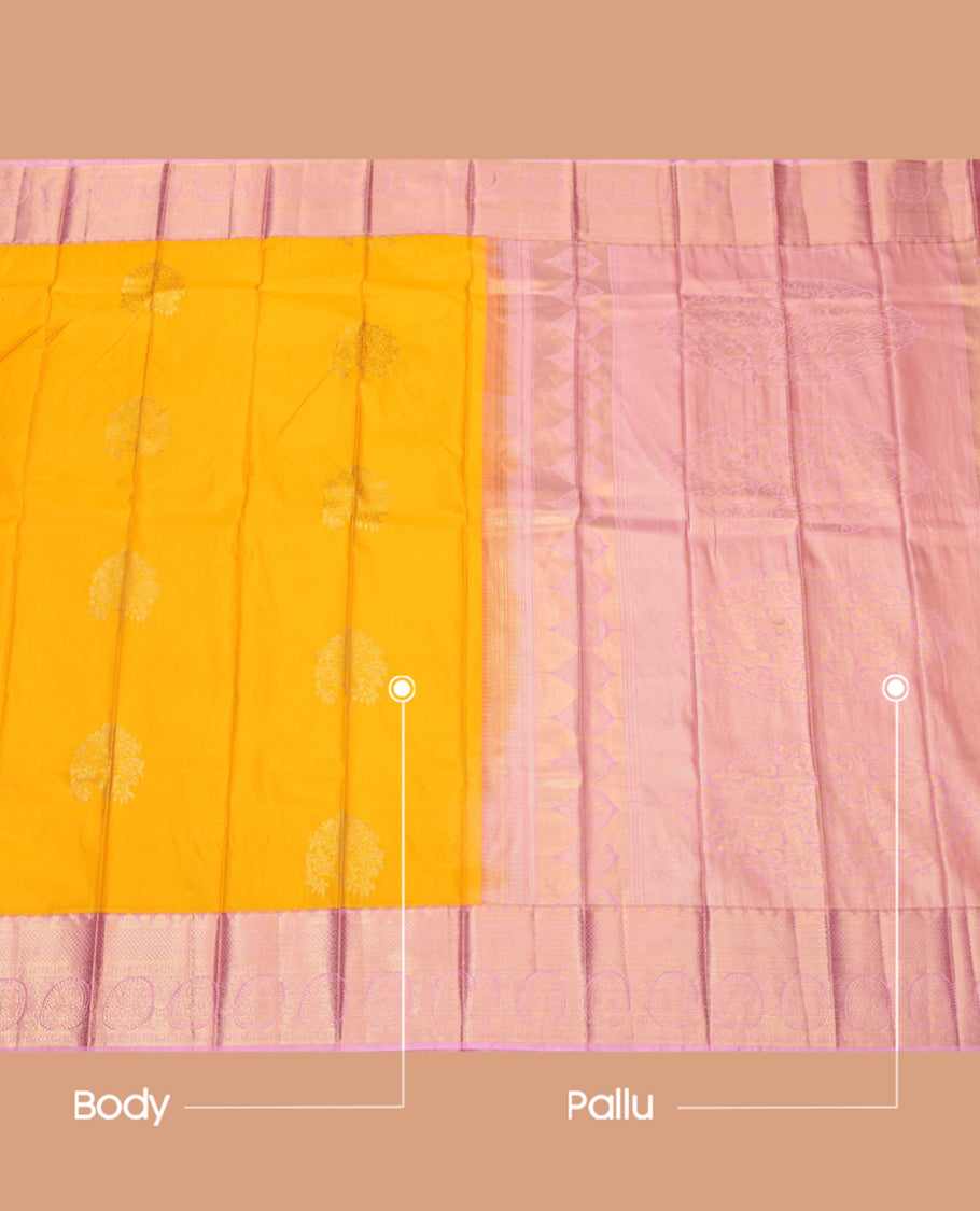 Yellow Budget Silk Saree, Sparsely Woven with Zari Buttas, Complemented by a Contrast Traditional Zari Border, Grand Pallu, and a Contrast Blouse