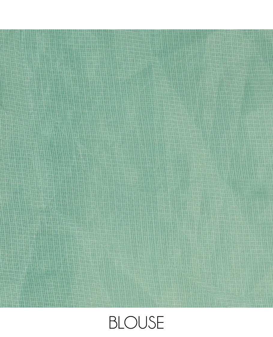 White-green color 2D-style print & floral vine chikankari embroidered kota check saree, lace border & plain blouse