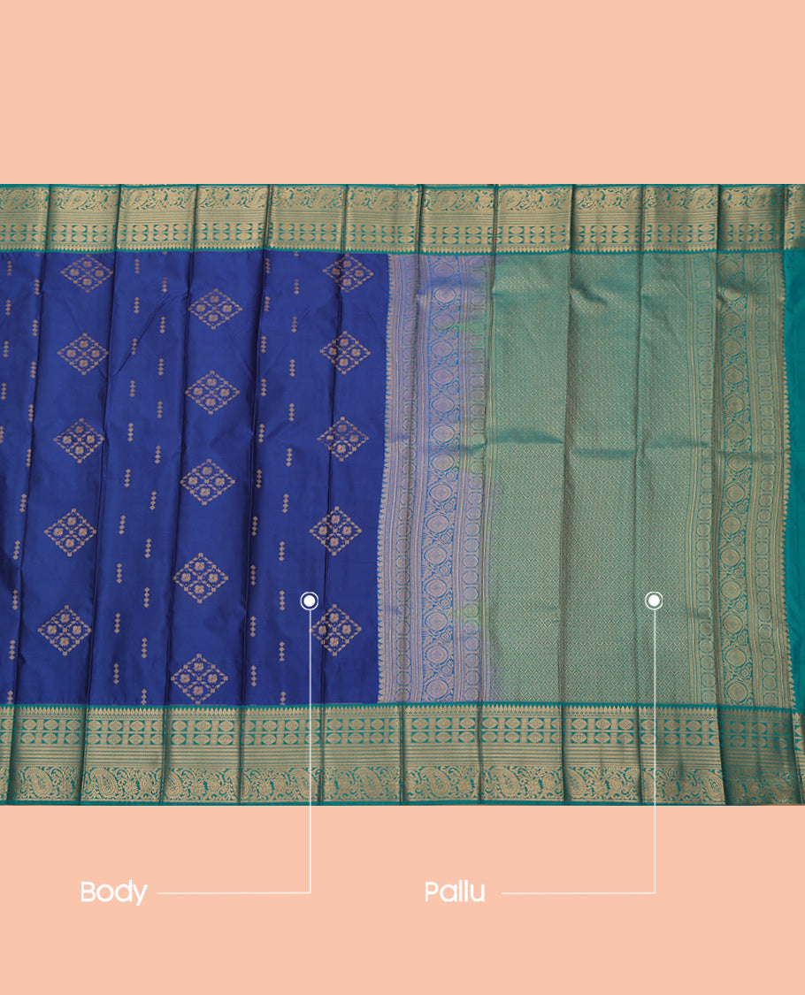 Blue Budget Silk Saree, Delicately Woven with Zari Buttas, a Contrast Traditional Zari Border, Intricate Pallu, and a Contrast Blouse