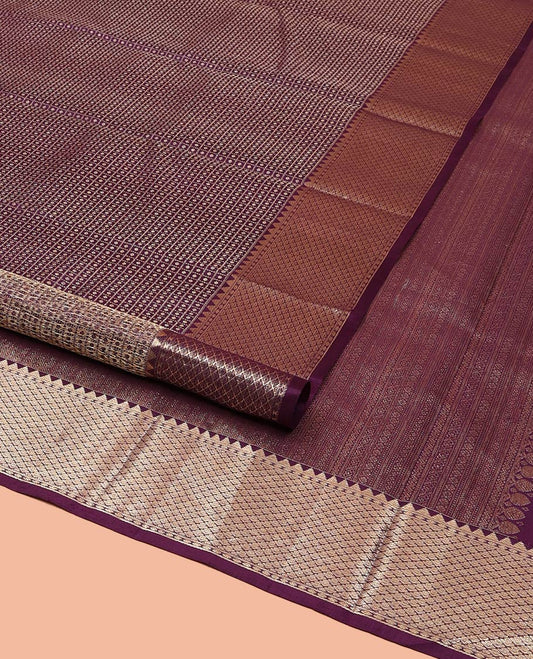 Purple Kanchipuram Wedding Silk Saree, Detailed with Jacquard Design on Its Body, Highlighted by Zari Border of Rekku and Jaal Designs, Grand Pallu of Geometric Designs, and Paired with a Matching Blouse
