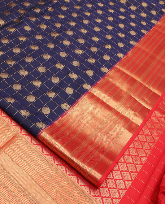 Blue Vasundhara Lite Silk Mix Saree, Grandly Decked Up With Mayil and Chakram Butta Enclosed Checks, Complemented by Contrast Zari Border, Grand Jaal Pallu and Paired with a Contrast Blouse
