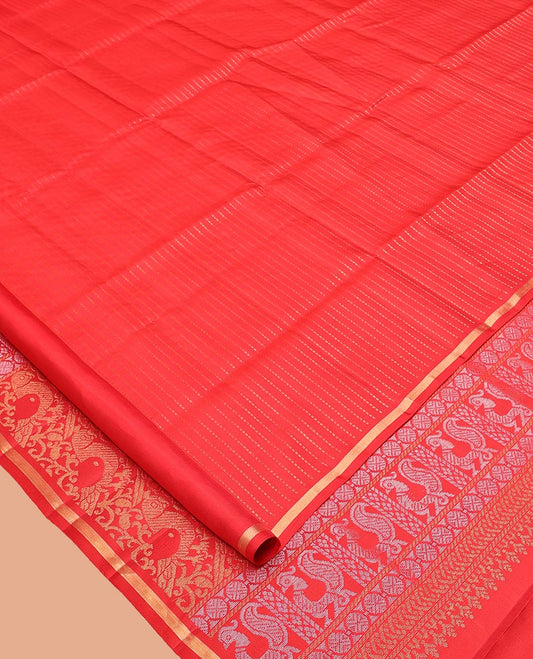 Red Mayuri Lite Silk Mix Saree, Adorned with Muthu Stripes on Its Body, Subtle Piping Border, Pallu of Poun, Mayil, and Kili Designs, and Paired with a Matching Blouse