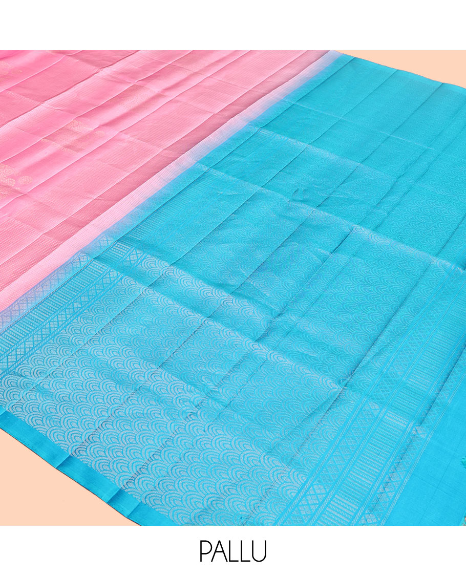 Borderless Pink Mayuri Soft Silk Saree, Accentuated with Stripes and Buttas All Over Its Body, Complemented by a Contrast Scallop Design Pallu, and Paired with a Contrast Blouse