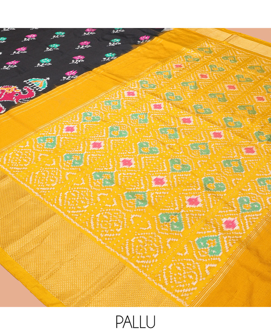 Black Flora-Elephant Buttas Pochampally Ikat Saree, Contrast Border and Blouse