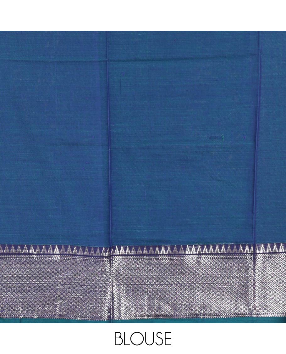 Royal blue Mercerised cotton half-saree, plain & contrast mayil kann temple border skirt, matching blouse & contrast zari border syska georgette dhavani
