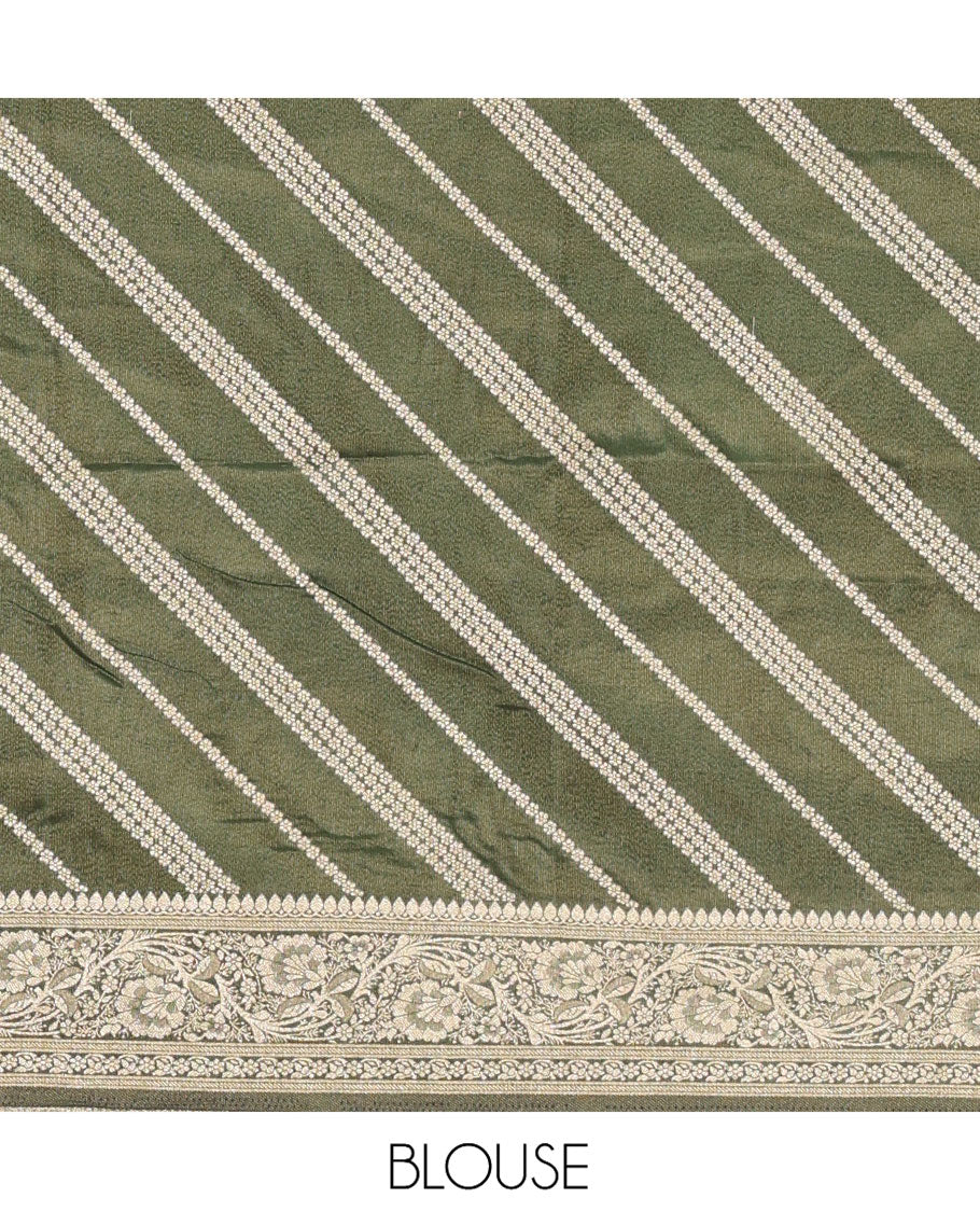 Cream-Green Semi-Banarasi Half-Saree Features Leheriya Striped Skirt, Contrast Leheriya Striped Blouse, Georgette Striped Dhavani