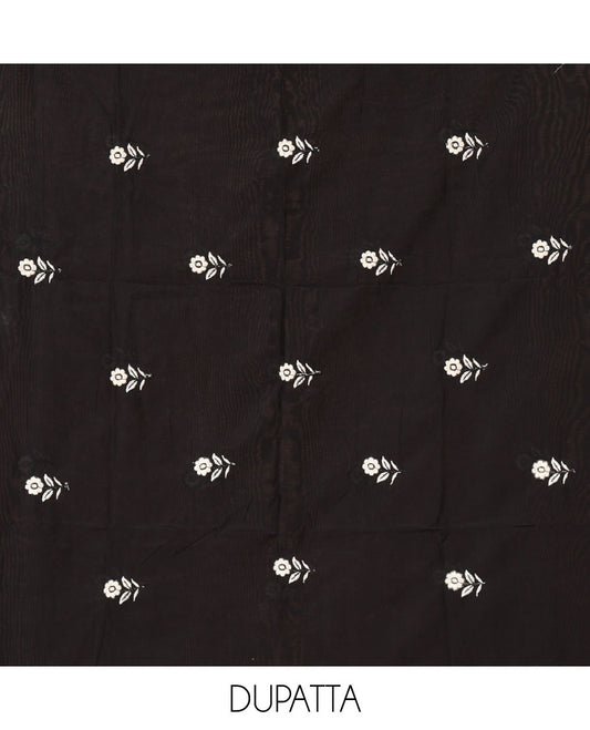Black material chudidar set, floral print & neck patch embroidery cotton top, plain bottom & floral motifs mul chanderi dupatta