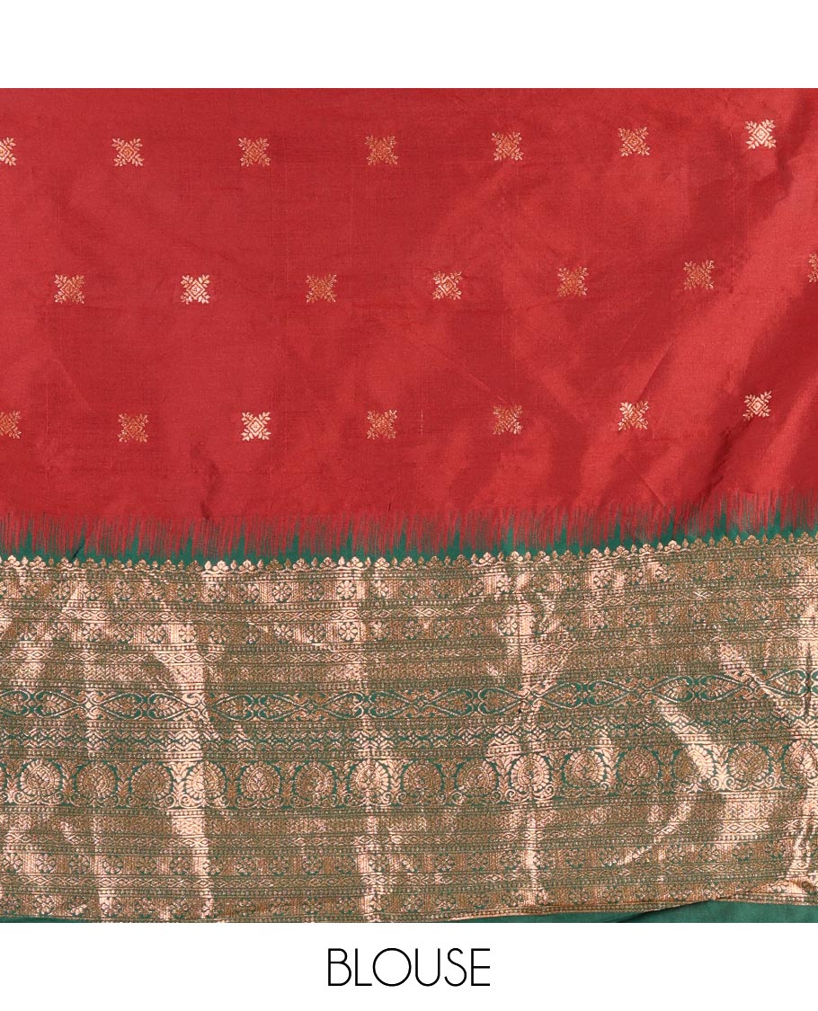 Maroon taffeta silk half saree, zari buttas with contrast green traditional zari border, matching zari blouse, and contrast plain zari border dhavani