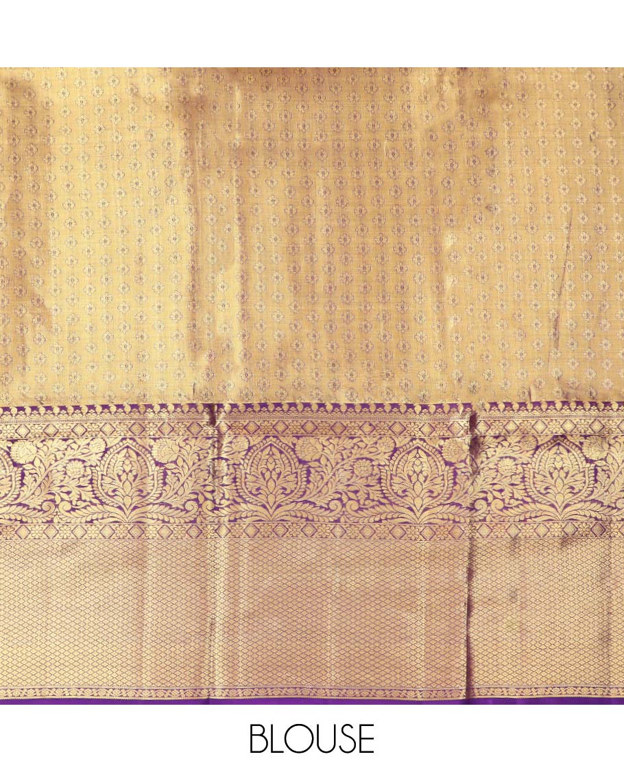 Yellow floral buttas pure silk half saree with contrast zari border,  contrast zari design blouse & plain with zari border dhavani