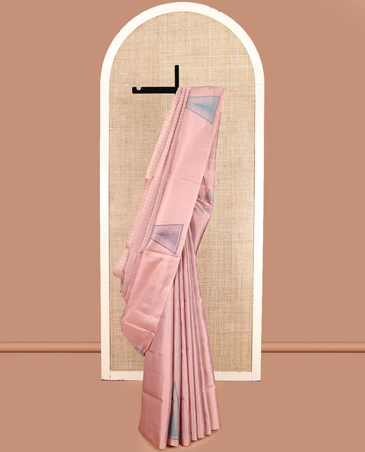 Borderless Peach Mayuri Lite Silk Mix Saree, Subtly Sparkled With Stripes and Triangle Buttas, a Subtle Self-Pallu of Triangles and a Matching Blouse