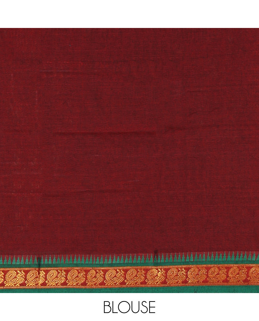 Maroon mercerized cotton half-saree, plain & contrast peacock motifs gold zari temple border skirt, matching blouse & temple zari border vichitra silk dhavani