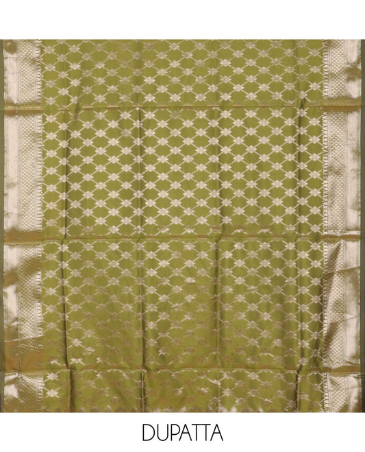 Green banarasi material chudidar set set, gold zari buttas woven top, plain bottom, and zari-rich jaal taffeta silk dupatta
