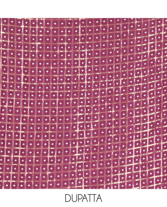 Purple Vichitra Silk Material Churidar Set, Subtly Made Plain Top, a Plain Santoon Bottom, and Paired with a Vichitra Silk Bandhani Dot Enclosed Checked Dupatta
