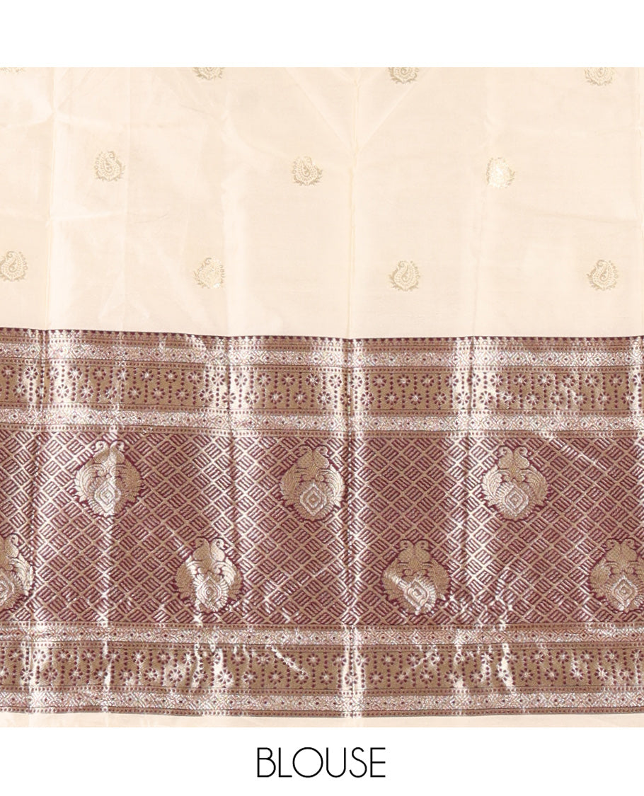 Cream-Wine Semi-Banarasi Half-Saree Set Featuring Buttas Skirt, Contrast Traditional Border, a Matching Blouse, and a Banaras Dhavani