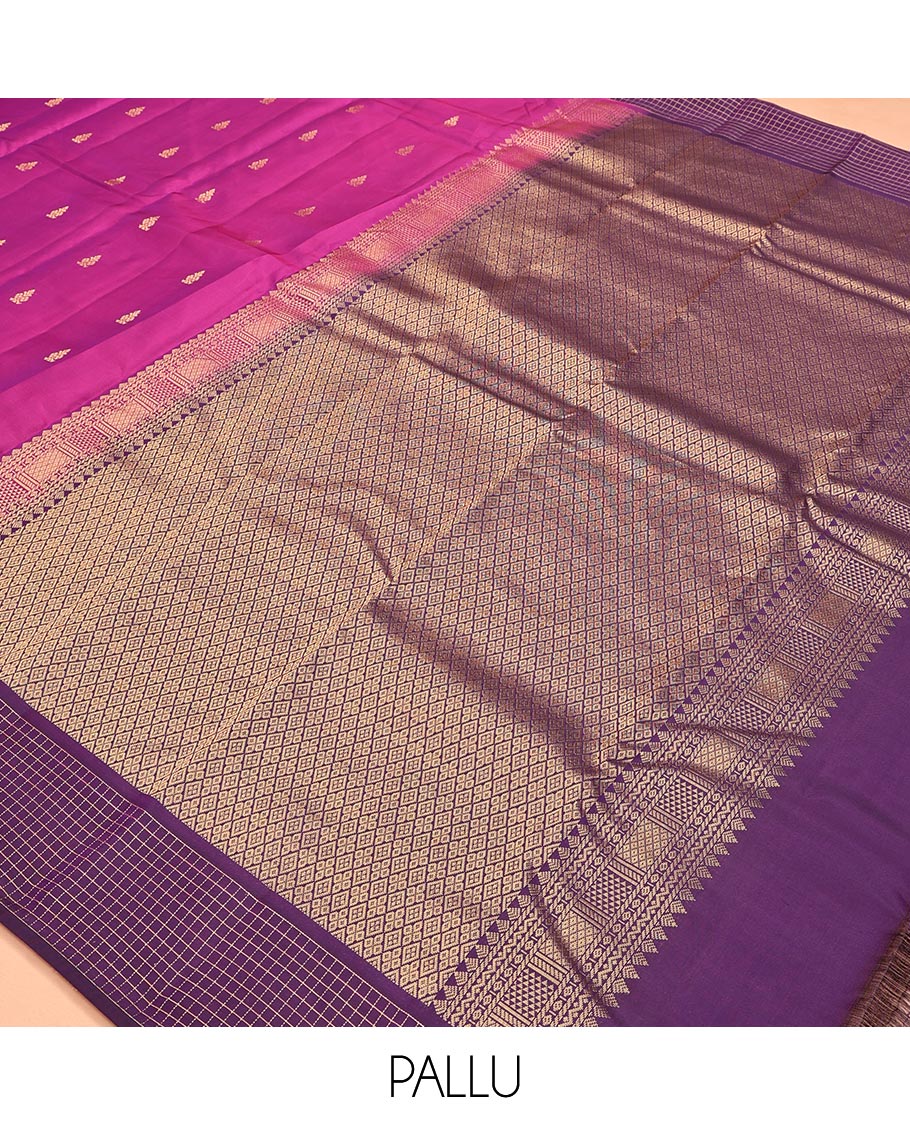 Pink Vasundhara Lite Silk Mix Saree, Finely Crafted with Zari Buttas All Over Its Body, Complemented by a Contrast Zari-Checked Border, Grand Jaal-Design Pallu, and Paired with a Contrast Blouse