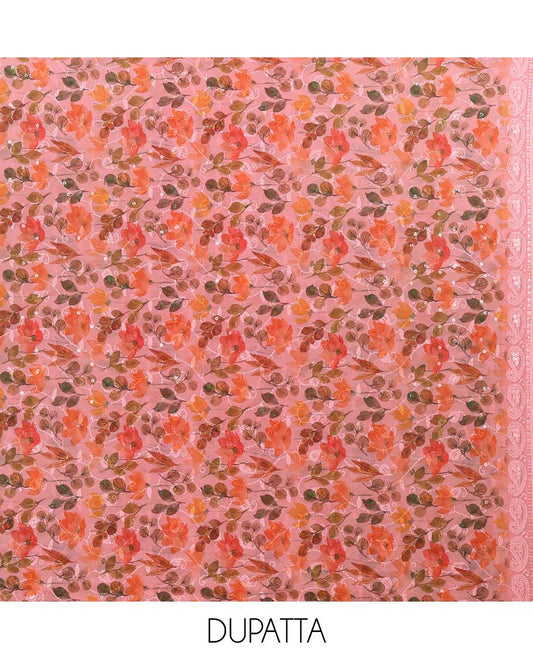 Peach shifli lucknowi embroidery mango design georgette chudidhar material top with american crepe pant & floral digital print, sequins embroider dupatta