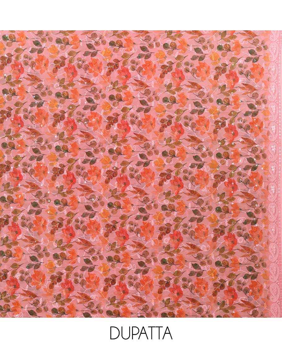 Peach shifli lucknowi embroidery mango design georgette chudidhar material top with american crepe pant & floral digital print, sequins embroider dupatta