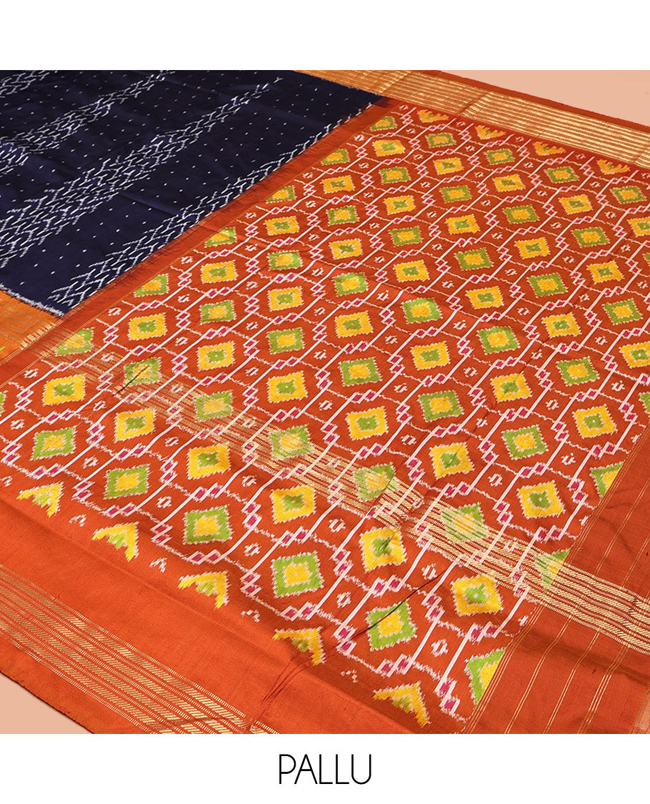 Blue Pochampally Ikat Silk Saree, Embellished with Ikkat Buttas on Its Body, Complemented by a Contrast Intricately Ikkat Woven Border, Pallu of Ikkat Weave, and Paired with a Contrast Blouse