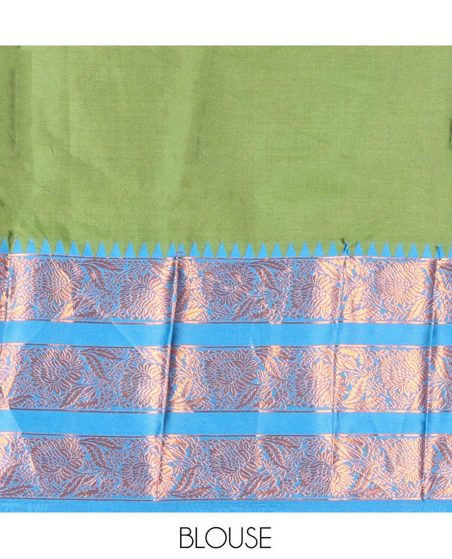 Green-Rama Blue Semi-Banarasi Half-Saree Features Plain Skirt, Contrast Floral Creeper Zari Border, Matching Blouse, Contrast Dhavani