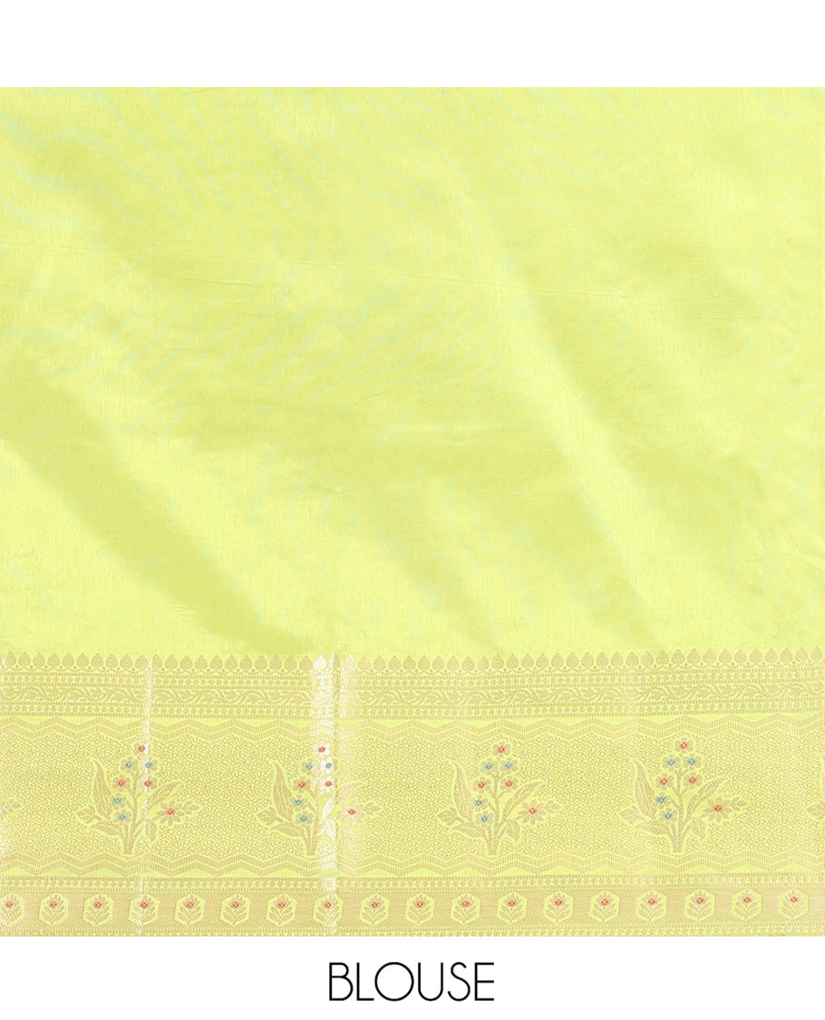 Parrot Green Green-Mango-Silk Saree, Decked up with Floral Zari Buttas All Over Its Body, Complemented by a Contrast Meenakari Zari Floral Design Border, Grand Pallu, and Paired with a Contrast Blouse