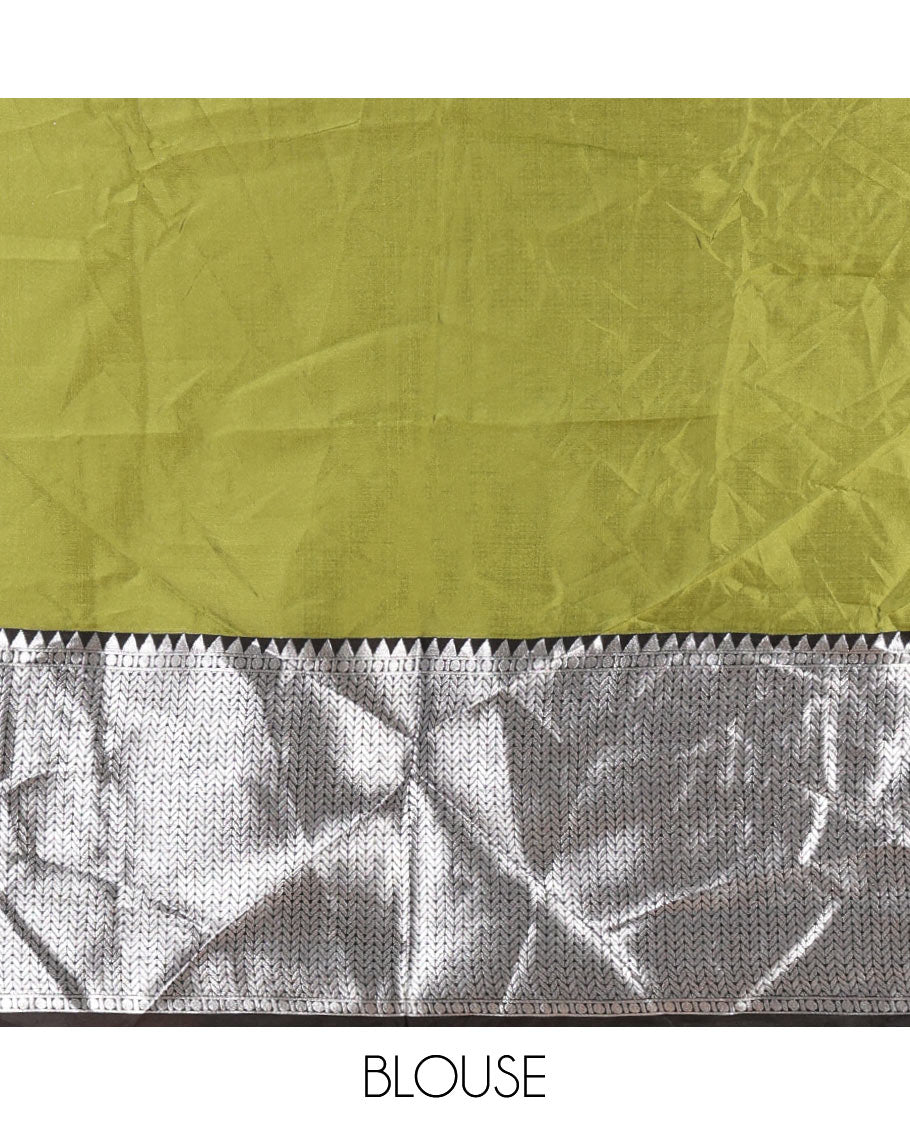 Green-black taffeta silk half-saree, plain & contrast temple & kathir boder skirt, matching blouse & contrast stonework scallop border syska georgette dhavani