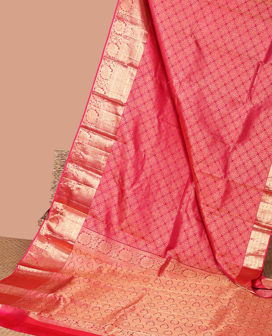 Red checked kancheepuram silk saree with self zari design border & floral zari design pallu