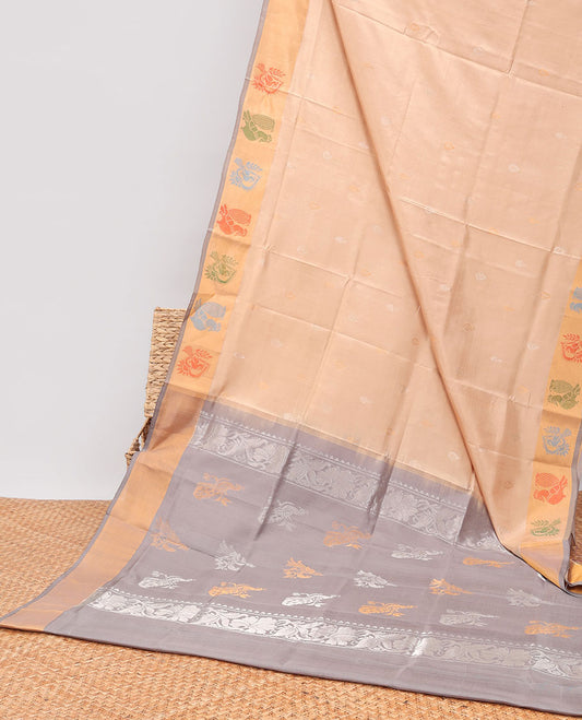 Sandal buttas uppada silk saree with contrast peacock buttas border & floral zari design pallu