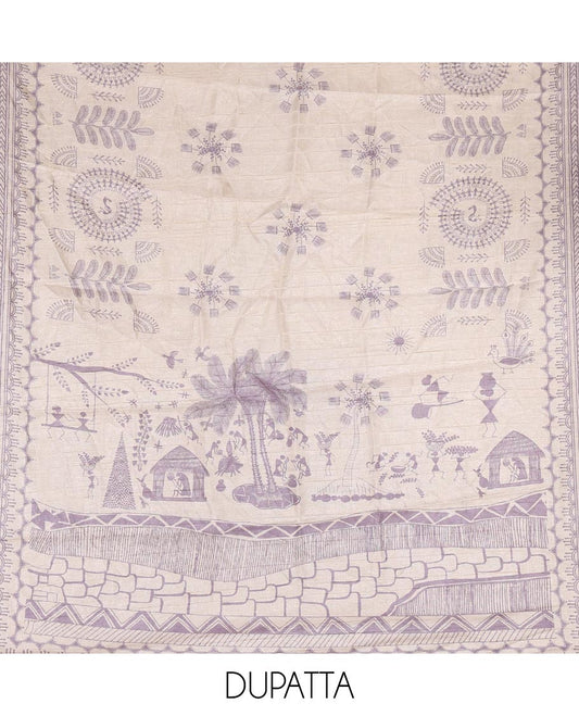Lavender material churidar set, warli tribe village theme print with mirror work semi-tussar top, plain bottom, and warli tribe village theme print semi-tussar dupatta