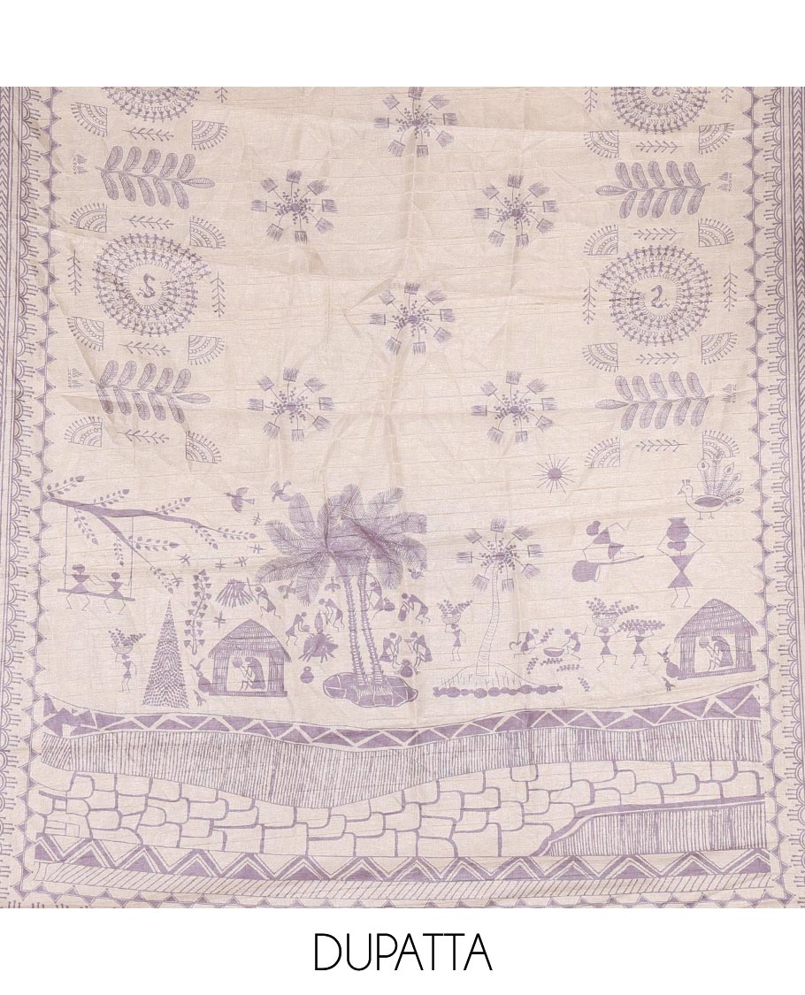 Lavender material churidar set, warli tribe village theme print with mirror work semi-tussar top, plain bottom, and warli tribe village theme print semi-tussar dupatta