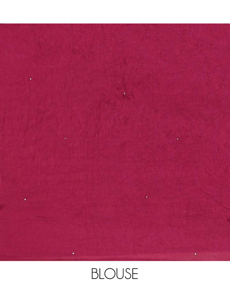 Wine Dola Silk Saree, Embellished with Rangoli-Style Colorful Embroidery on Its Body, Highlighted by an Embroidered Border, Pallu of Embroidery and Print Work, and Paired with a Matching Blouse