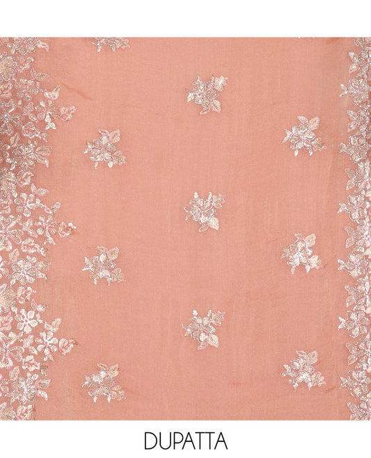 Peach Material Churidar Set, Artfully Detailed with an Floral Motifs Embroidered on Its Nc Moss Organza Top, Plain Santoon Bottom, and Nc Moss Organza Scallop Dupatta of Floral-Leaf Embroidery