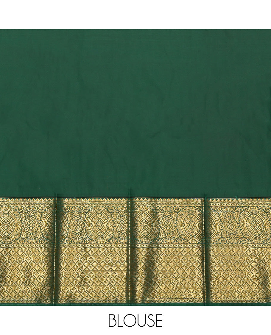 Red Budget Silk Saree, Delicately Woven Zari Buttas and Stripes, Complemented by Contrast Traditional Zari Border, a Jaal Pallu and a Contrast Blouse