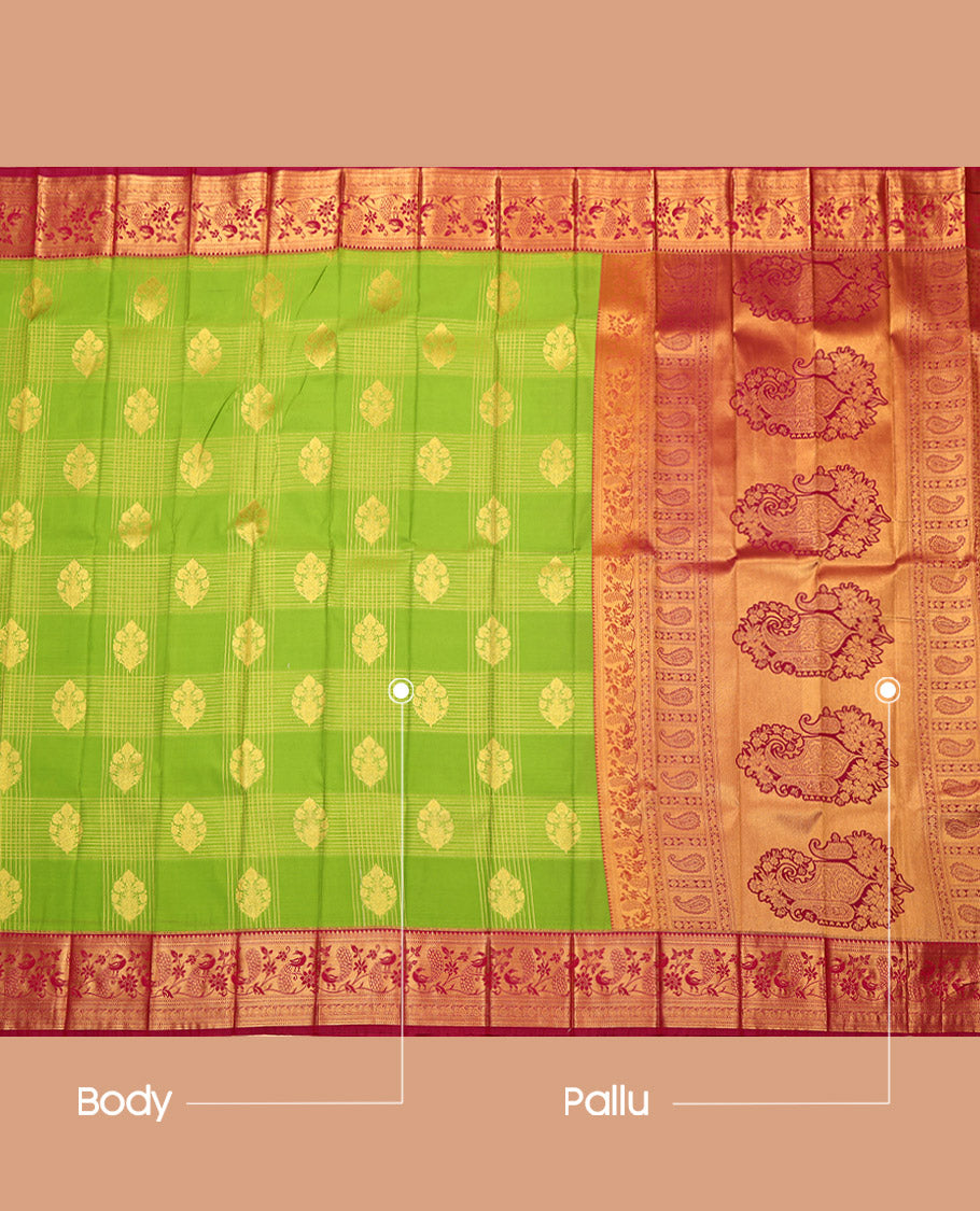 Green Budget Silk Saree, Embellished with Zari Buttas and Checks, a Contrast Traditional Zari Border, Grand Pallu, and a Contrast Blouse