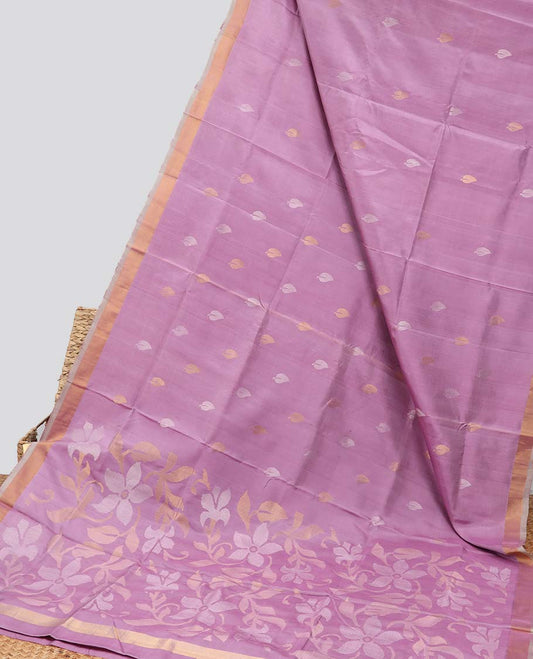 Purple leaf motifs upadda silk saree with self zari border & floral vine design pallu