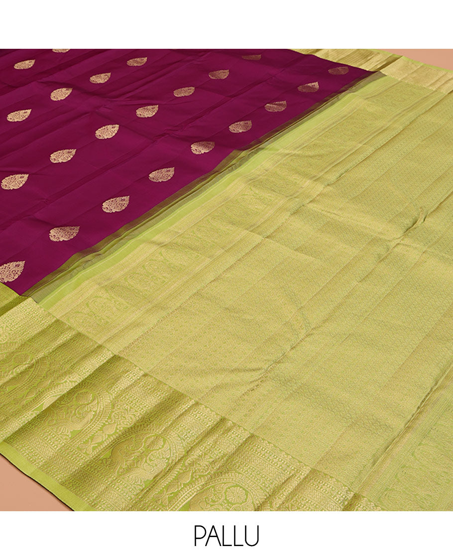Wine Vasundhara Silk Saree, Graced with Zari Buttas, Complemented by Contrast Traditional Border of Mayil Designs, Grand Pallu, and a Contrast Blouse