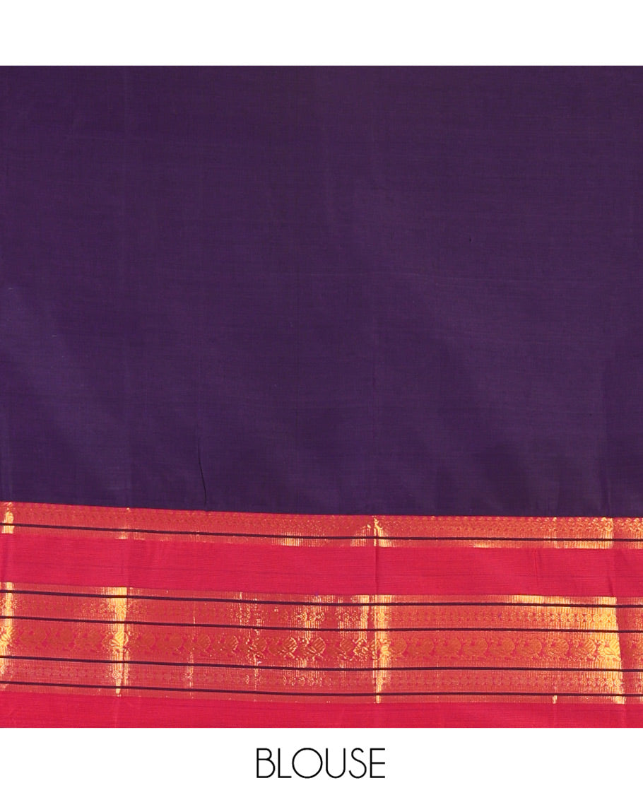 Deep Violet-Rani Pink Mercerised Cotton Half-Saree Features Plain with Contrast Traditional Zari Varisai Pettu Annam-Motif Bordered Skirt, Paired with a Matching Blouse, and Comes with a Contrast Zari-Bordered Dhavani