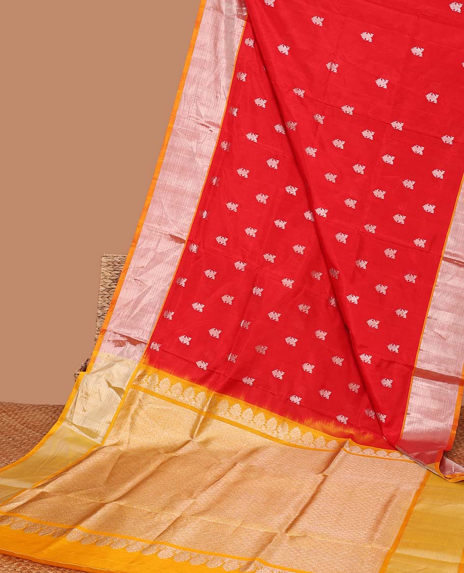 Red floral motifs Vengatagiri silk saree, contrast bavanji border & scintillating pallu of argyle pattern