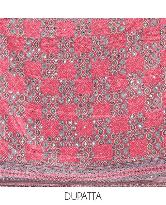 Pink material chudidar set, intricately printed with neck mirror work crepe top, Italian crepe bottom, and digital printed mirror work chinon dupatta