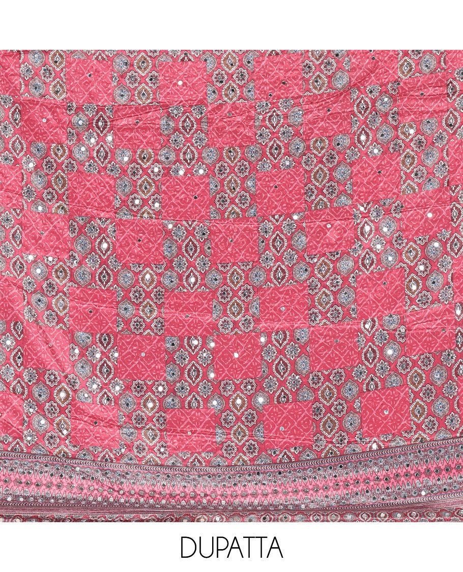 Pink material chudidar set, intricately printed with neck mirror work crepe top, Italian crepe bottom, and digital printed mirror work chinon dupatta
