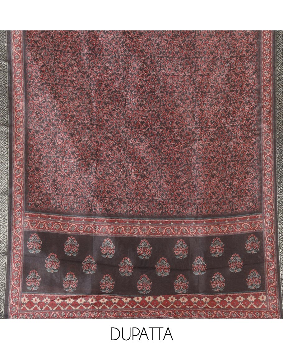 Maroon ajrak print semi tussar chudidhar material top with jam cotton material pant & ajrak print, zari weaving dupatta