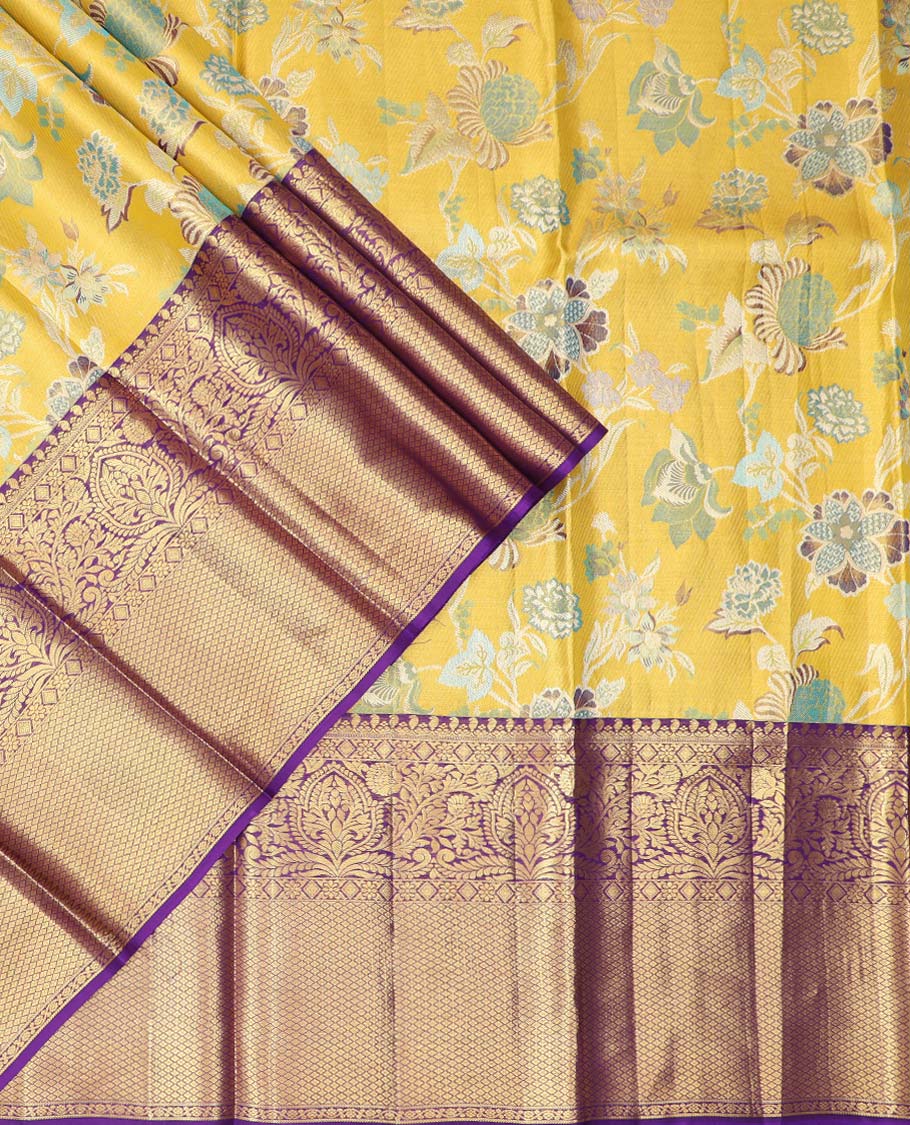 Yellow floral buttas pure silk half saree with contrast zari border,  contrast zari design blouse & plain with zari border dhavani