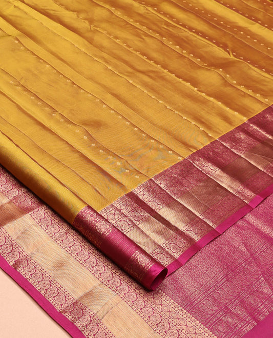 Yellow Vasundhara Lite Silk Mix Saree, Woven with Zari Buttas, a Contrast Border of Chakram and Manga Designs, Grand Pallu, and a Contrast Blouse