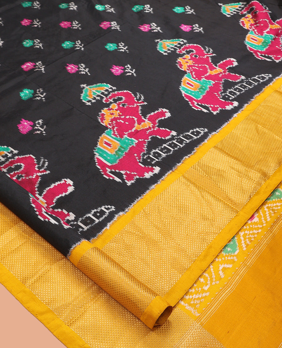 Black Flora-Elephant Buttas Pochampally Ikat Saree, Contrast Border and Blouse